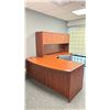 Image 2 : CHERRY COLORED EXECUTIVE L SHAPE 71"W X 95"D X 66"H 3 DRAWER OFFICE DESK WITH HUTCH, CHERRY COLORED