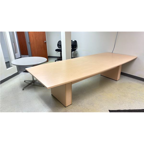 LIGHT WOODEN CURVED EDGE 120"W X 48"D X 30"H DINING TABLE & A ROUND WOODEN TOP 36" DIAMETER 30"H