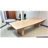 Image 1 : LIGHT WOODEN CURVED EDGE 120"W X 48"D X 30"H DINING TABLE & A ROUND WOODEN TOP 36" DIAMETER 30"H