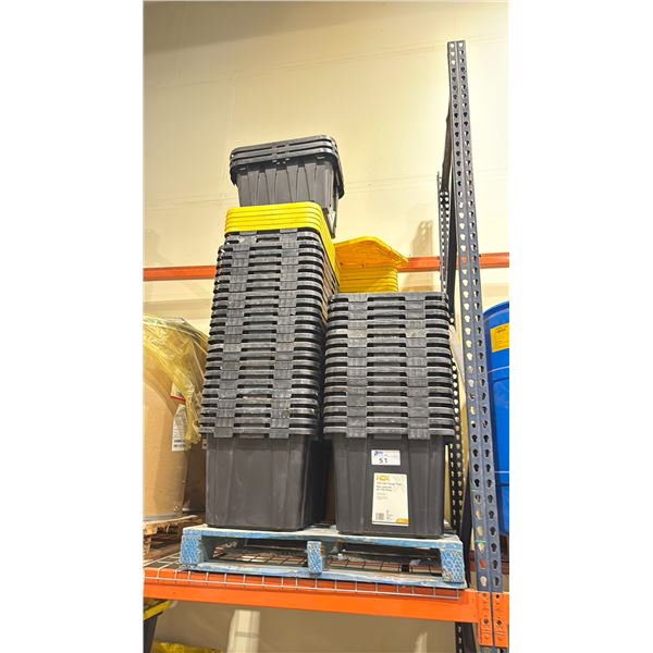 STACK OF APPROX. 40 BLACK PLASTIC STORAGE BINS WITH SOME LIDS
