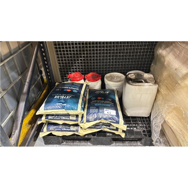 5 BAGS OF JET BLUE DE ICER, 2 PAILS ID ALFA AESAR ETHYLENEDIAMINETETRA- ACETIC ACID, APPROX. 3 KGS