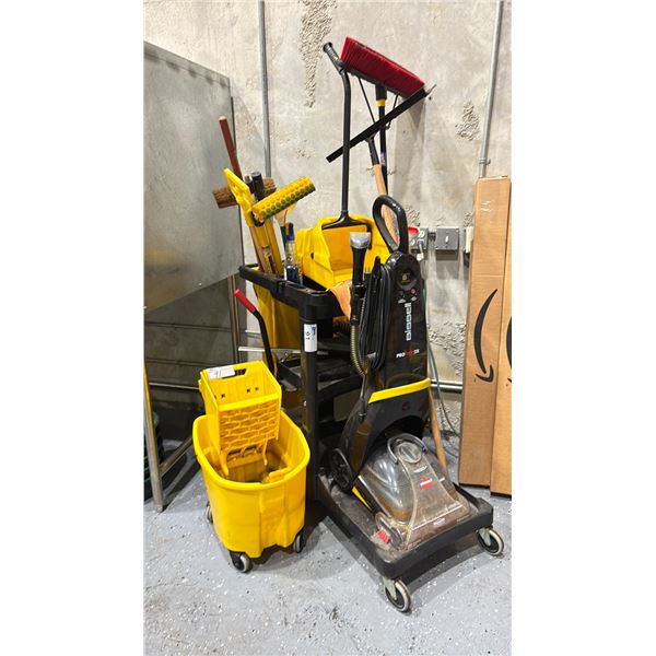 JANITORIAL CART WITH CONTENTS INCLUDING - BISSELL PROHEAT 2X STAND UP VACUUM, COMMERCIAL MOP