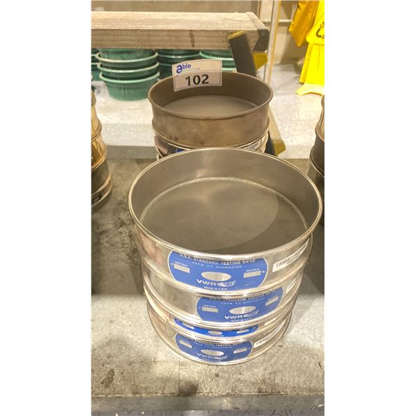 STACK OF COMMERCIAL LABORATORY TEST SIEVES IN ASSORTED SIZES NO 140 - 450