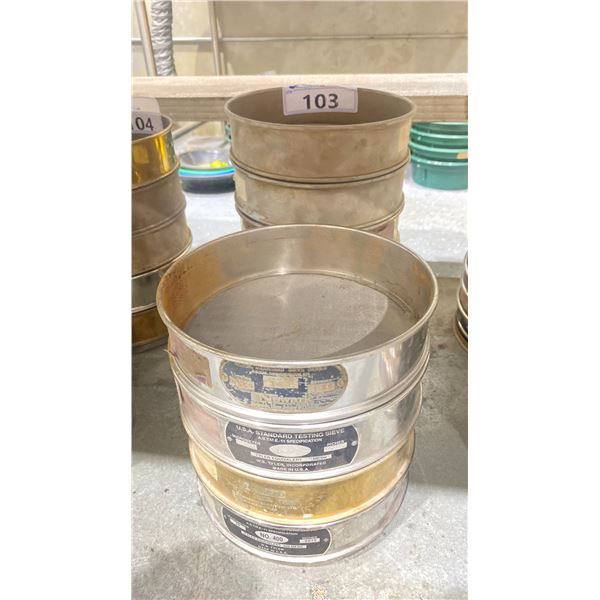 STACK OF COMMERCIAL LABORATORY TEST SIEVES IN ASSORTED SIZES NO 6 - 400