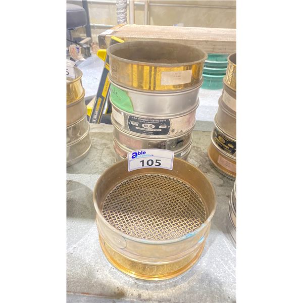 STACK OF COMMERCIAL LABORATORY TEST SIEVES IN ASSORTED SIZES NO 4 - 120