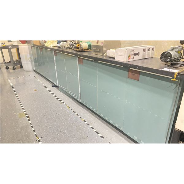 BLUE/ BLACK 12 DOOR WORKBENCH - 177"L X 26"D X 95"H TO TOP OF HUTCH *CONTENTS NOT INCLUDED*