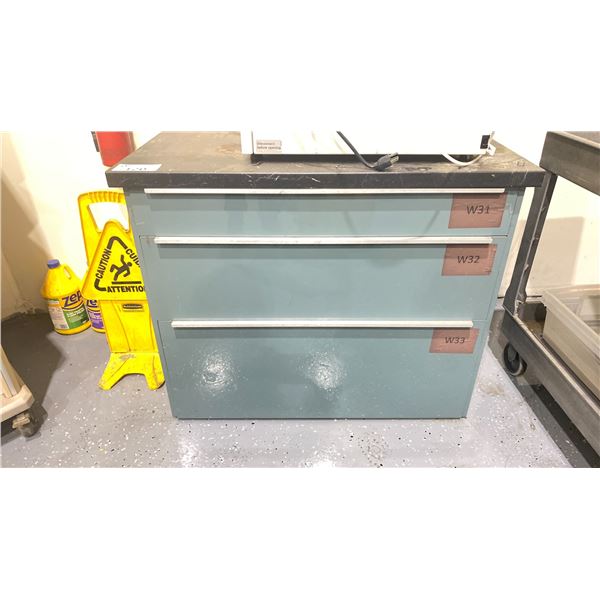 BLUE/ BLACK 3 DRAWER WORKBENCH 39"W X 26"D X 32"H *CONTENTS NOT INCLUDED*