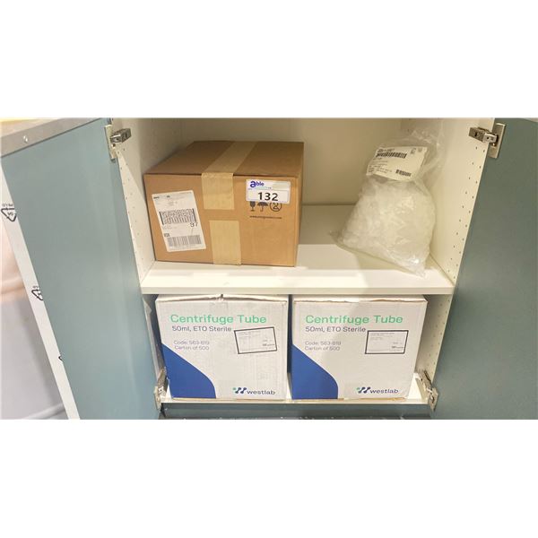 LARGE BOX OF 17 X 100MM TEST TUBES, 2 BOXES OF 50 ML CENTRIFUGE TUBES & A BAG OF STOPPER CAPS FOR
