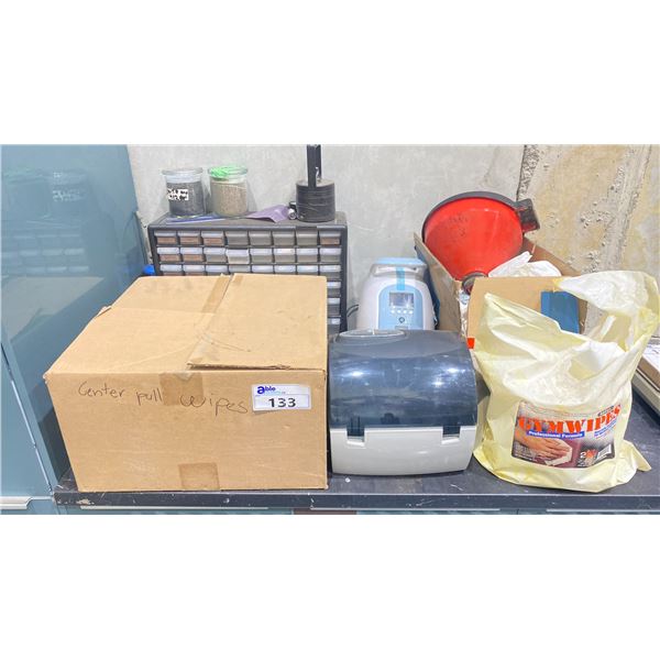 HARDWARE SORTER, BOX OF GYM WIPES, PAPER TOWEL DISPENSER, HANDLE OXYGEN CONCENTRATOR & A BOX OF