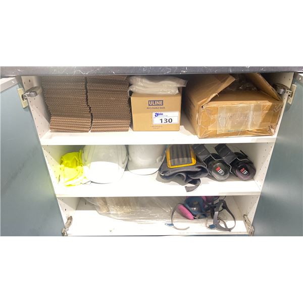 ULINE RE-CLOSABLE BAGS, SMALL FLATTENED PACKING BOXES, STAND UP BARRIER POUCHES, 2 HARD HATS,