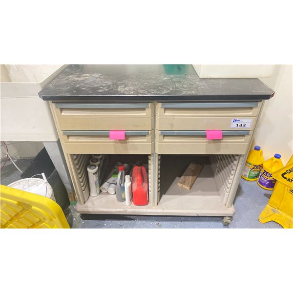 PLASTIC 4 DRAWER 2 DOOR MOBILE STORAGE CABINET *CONTENTS NOT INCLUDED/MISSING DOORS* - 43"W X 29"D