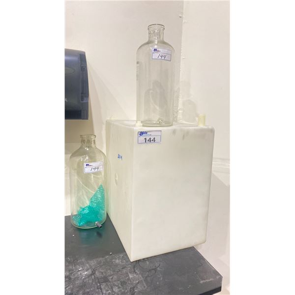 2 - 19"H COMMERCIAL LABORATORY VACUUM FLASKS & A SQUARE PLASTIC SUMP