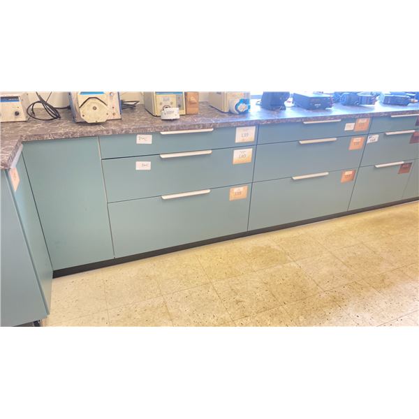 LARGE LABORATORY COUNTER SYSTEM WITH CUPBOARDS & DRAWERS - APPROX. 246"W X 144"D X 36"H