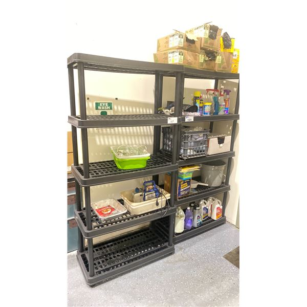 BLACK PLASTIC 5 TIER STORAGE SHELVES WITH CONTENTS - INCLUDING GARBAGE BAGS, ASSORTED CLEANERS, MOP
