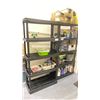 Image 1 : BLACK PLASTIC 5 TIER STORAGE SHELVES WITH CONTENTS - INCLUDING GARBAGE BAGS, ASSORTED CLEANERS, MOP