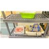 Image 8 : BLACK PLASTIC 5 TIER STORAGE SHELVES WITH CONTENTS - INCLUDING GARBAGE BAGS, ASSORTED CLEANERS, MOP
