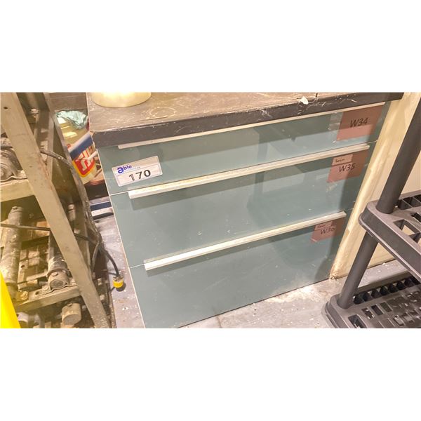 BLUE/ BLACK 3 DRAWER WORKBENCH WITH ASSORTED LABORATORY COMPOUNDS - 39"W X 26"D X 32"H