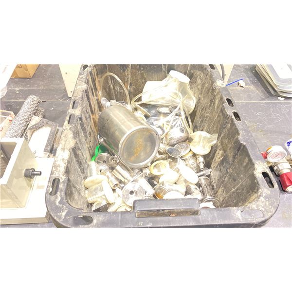 STORAGE BIN OF ASSORTED STAINLESS STEEL FITTINGS & ASSORTED GAUGES (FOR HOME BREW OR LABORATORY)