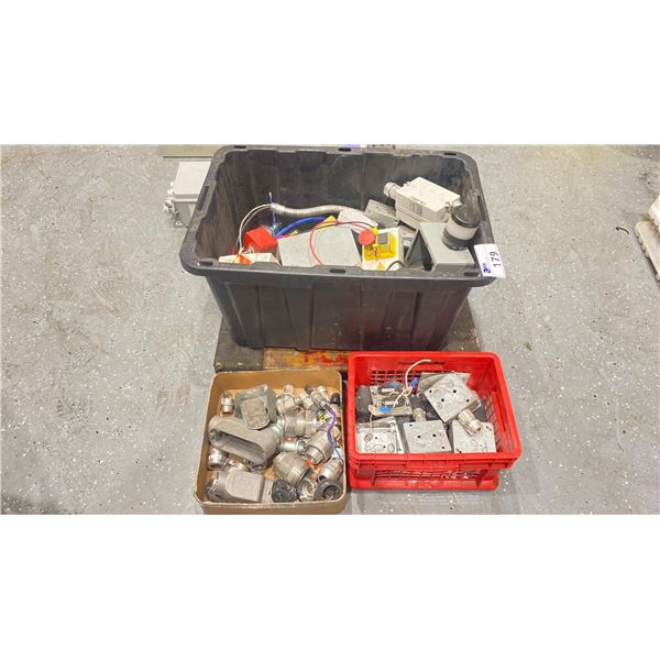 3 BOXES OF ELECTRICAL BOXES, FITTINGS, & ASSORTED ELECTRICAL COMPONENTS