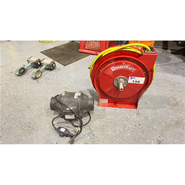 REELCRAFT PNEUMATIC 50' HOSE REEL WALL MOUNT 3/8" 300 PSI & A 4" INLINE FAN