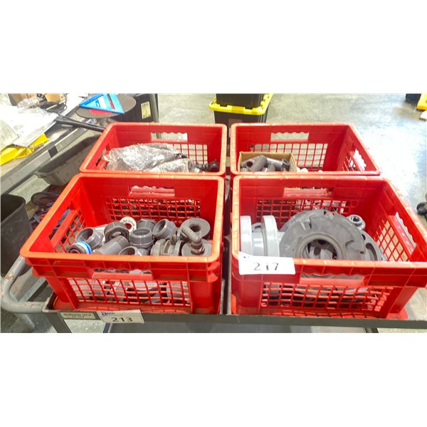 4 RED CRATES OF ASSORTED SCHEDULE 80 PIPE FITTINGS, FLANGES, POLY NIPPLES, COUPLERS & CAPS