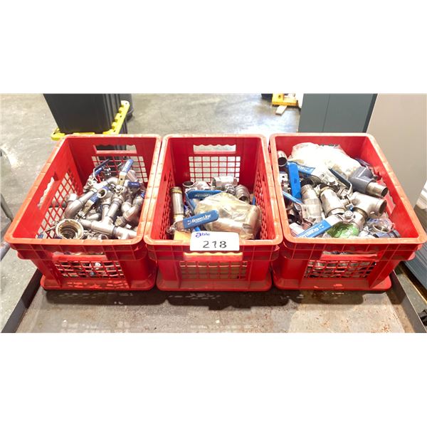 3 RED CRATES OF ASSORTED  1" BALL VALVES & THREADED FITTINGS -APPROX. 60 VALVES