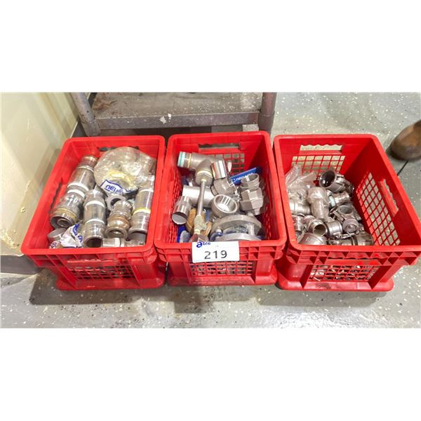 3 RED CRATES OF ASSORTED STAINLESS STEEL CAMLOCK FITTINGS 1" - 2", ASSORTED THREADED STAINLESS