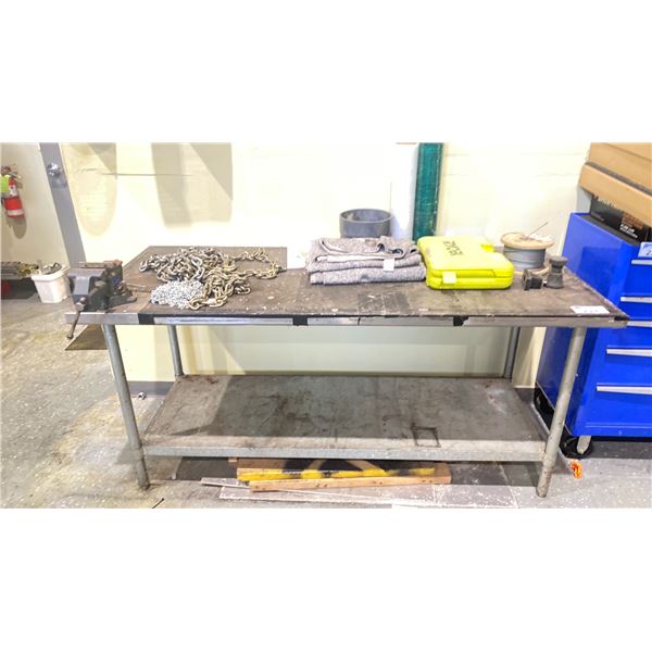STAINLESS STEEL 2 TIER WORKBENCH WITH VICE, CHAIN & CONTENTS