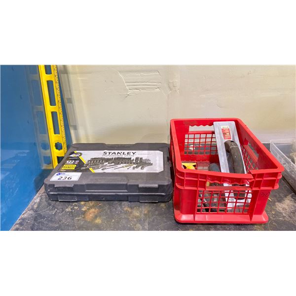 STANLEY PROFESSIONAL GRADE 122 PC SOCKET SET & RED BASKET OF CONCRETE TROWELS & CHIPPING TOOLS &