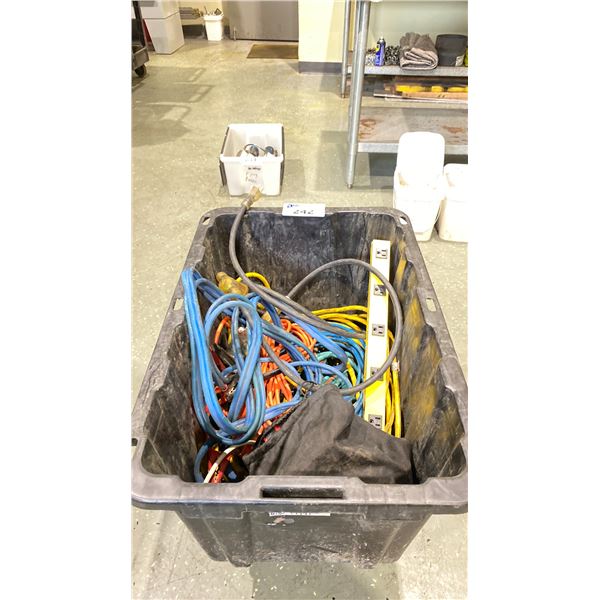 BIN OF ASSORTED EXTENSION CORDS, JUMPER CABLES, POWER BAR, ECT