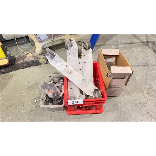 3 BOXES OF ASSORTED CASTORS & BAND STRAPPING MATERIAL