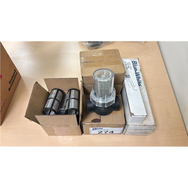 GROUP OF 3 1" INLINE WATER FILTERS/FLO METERS, 1/2" INLINE FILTER, 1- 2 GALLON PER MIN INLINE FLO