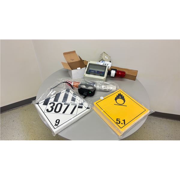 ASSORTED SAFETY SIGNS, BACK UP LIGHT & OVERLOAD LIGHT, FREIGHT PLAQUES
