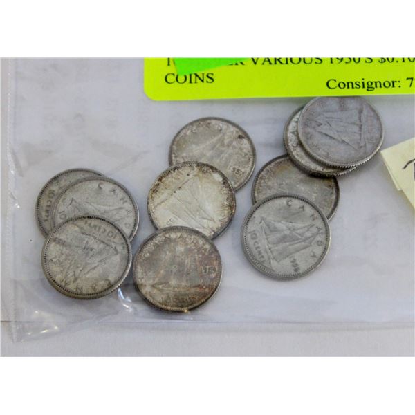 10-SILVER VARIOUS 1950'S $0.10 COINS