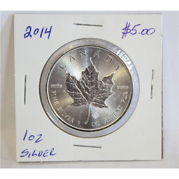 2014 ONE OZ SILVER $5.00 MAPLE LEAF COIN