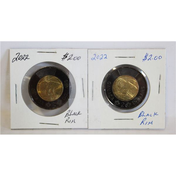 TWO 2022 BLACK RIM $2.00 COINS