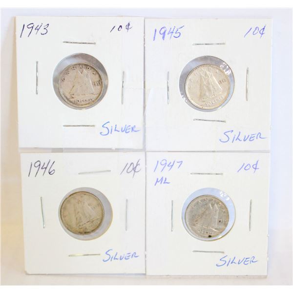 4-SILVER $0.10 COINS: 1943; 1945; 1946 & 1947
