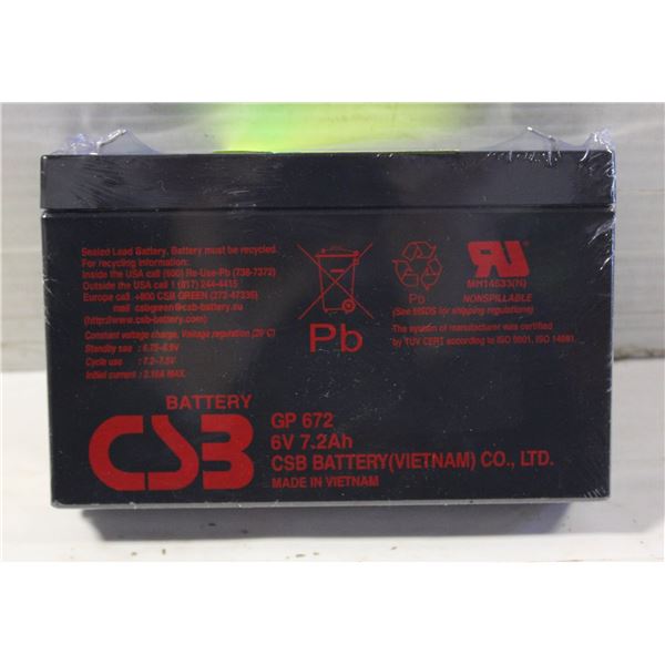 CSB SEALED LEAD ACID BATTERY 6V 7.2A NEW