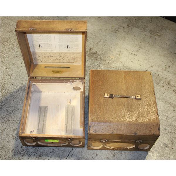 2 VINTAGE WOODEN BOXES W/HANDLE+ HINGES