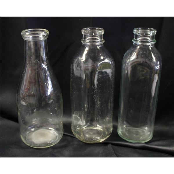 VINTAGE MILK BOTTLES- LOT OF 3 ASSORTED