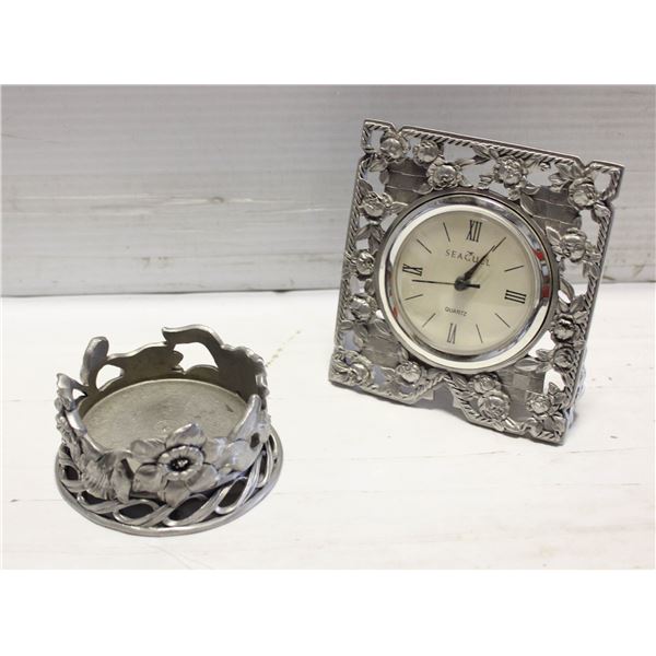 SEAGULL CANADA PEWTER CLOCK & CANDLE HOLDER