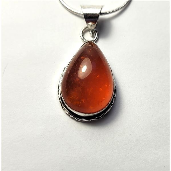 4) SILVER TONE TEARDROP SHAPED AMBER PENDANT