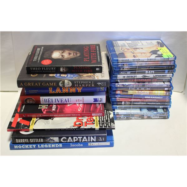 LOT OF 15 BLU-RAY ACTION MOVIES + 8 HOCKEY BOOKS