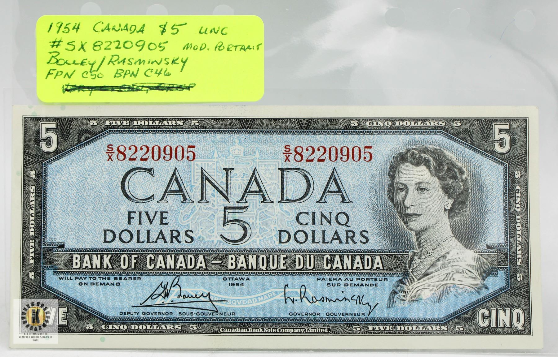 1954 CANADA $5 NOTE. BANK OF CANADA - Kastner Auctions