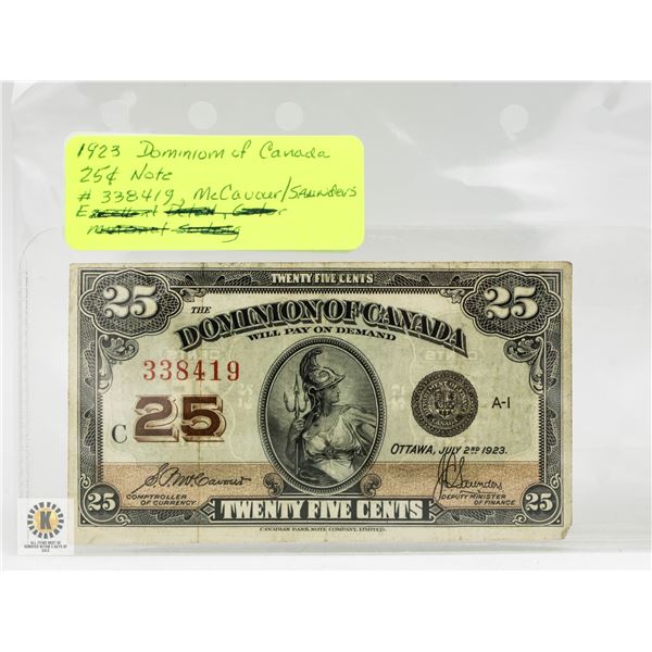 1923 CANADA 25C NOTE. DOMINION OF CANADA