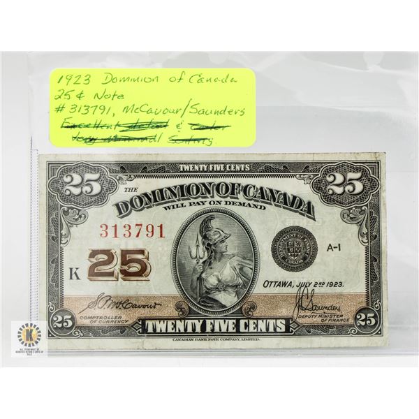 1923 CANADA 25C NOTE. DOMINION OF CANADA