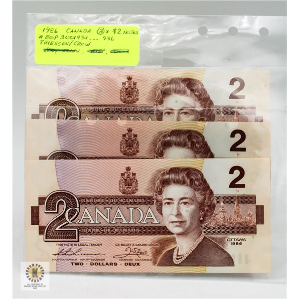 1986 CANADA $2 NOTES. BANK OF CANADA
