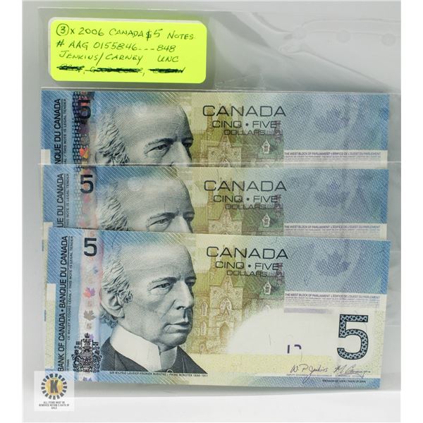 2006 CANADA 3X $5 NOTES. BANK OF CANADA,
