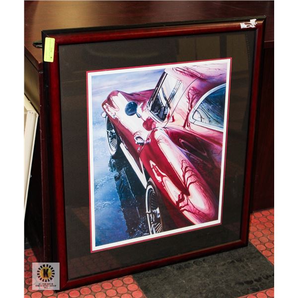 FRAMED WALL HANGING OF SPORTS CAR 28.5" X 33"