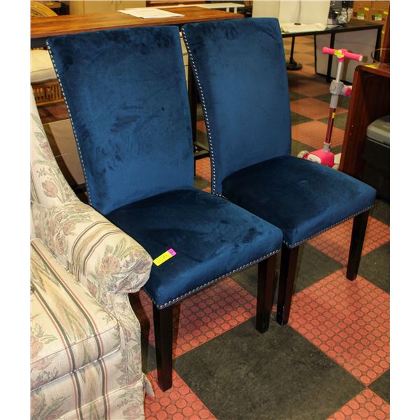 PAIR OF SUEDE NAVY BLUE STUDDED DINING CHAIRS